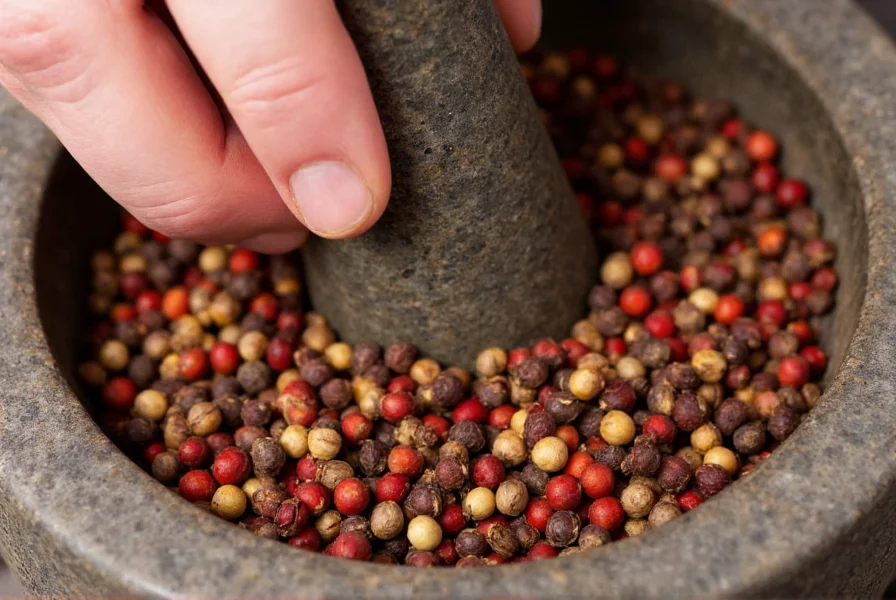 Close-up of hand grinding various colored peppercorns into a mortar and pestle with spice notes visible