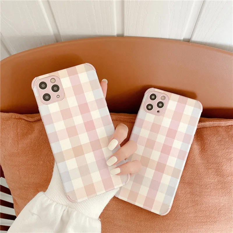 

Korean Phone Case Pink Plaid for IPhone 12 Mini 12mini 11 Pro Max 8 7 Plus Anti-fall XR XS X Women Covers