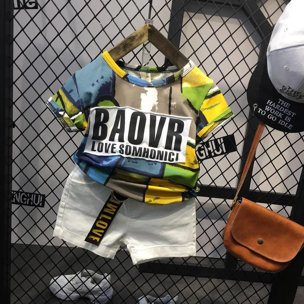 

New arrival summer casual Boys 2 Pieces Clothing Set short sleeves printed t shirt +casual pants clothing set for kids, Picture shows