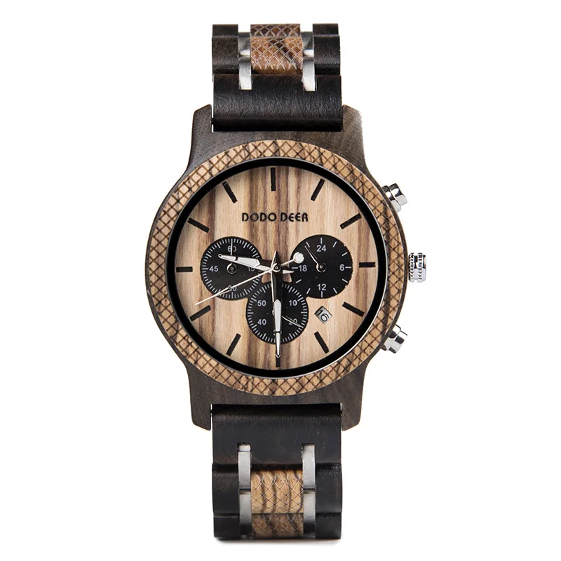 

Hot Selling Product Wood Quartz Watch Three-eye Wooden Steel Design Japan Amazon Hot