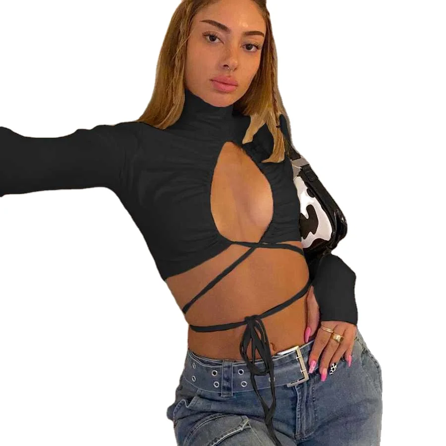 

Women's Wear High Collar Long Sleeve Fashion Versatile Sexy Crop Umbilical Tie Hollowed-out T-shirt For Women, Shown