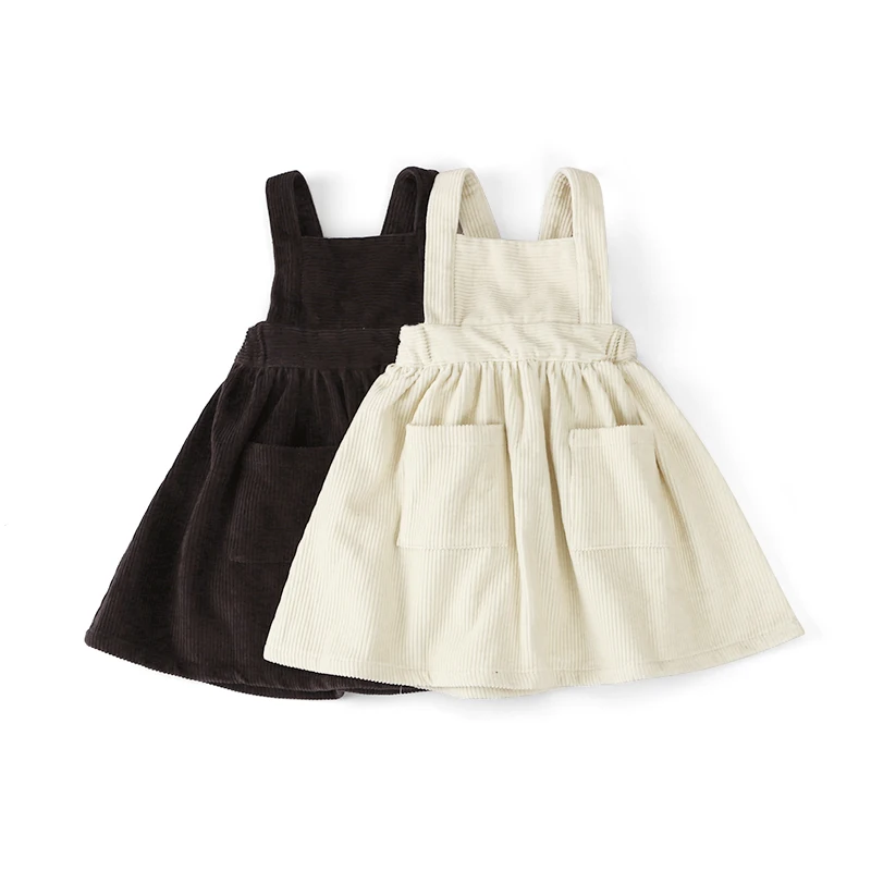 

3-8 Year Little Kids Infant Baby Girl Corduroy Dress with Pockets, Brown/ivory