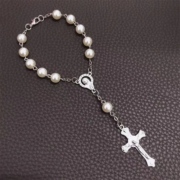 

Religious Catholic Pray Rosary Bracelet Silver Unique Cross Beaded Chain Pendants Jesus Christian Pearl Bracelet
