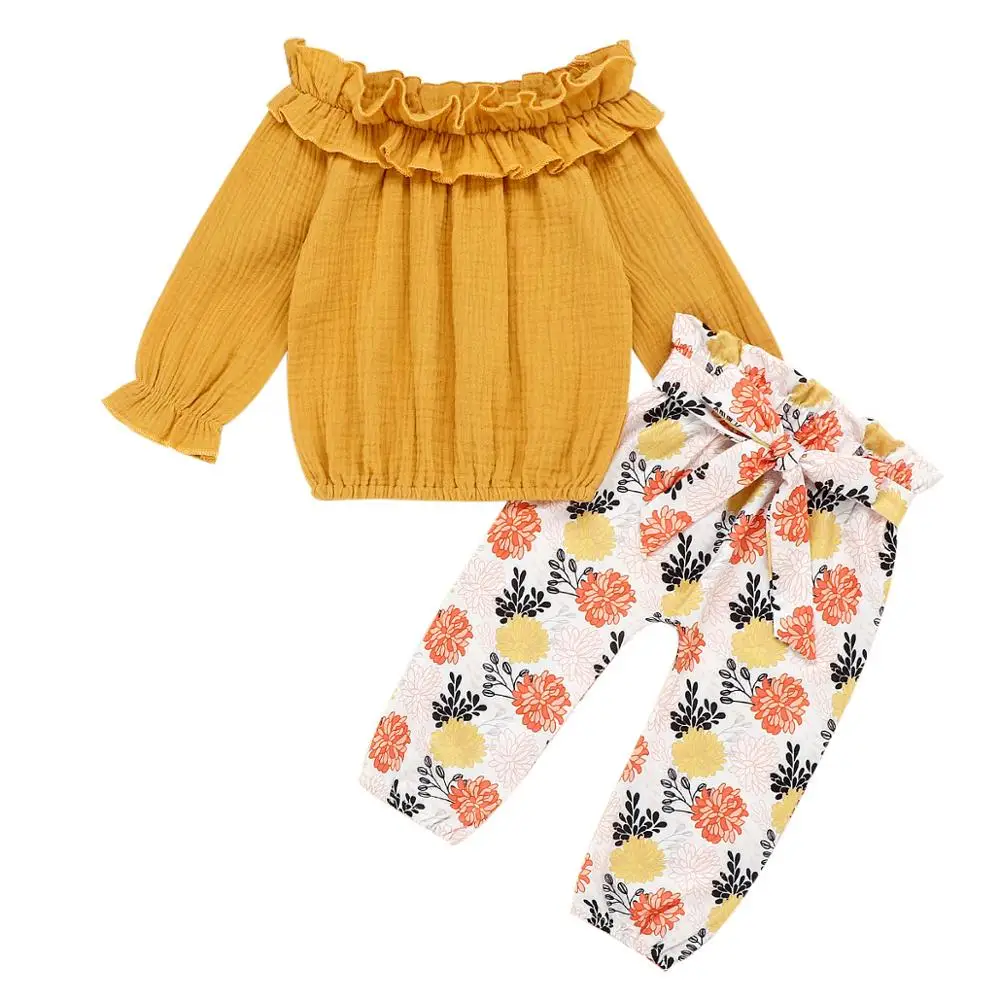 

Cute Infant Baby Girl Kid Off Shoulder Tops + Flower Pants Cotton Clothes Set For Babies, Picture