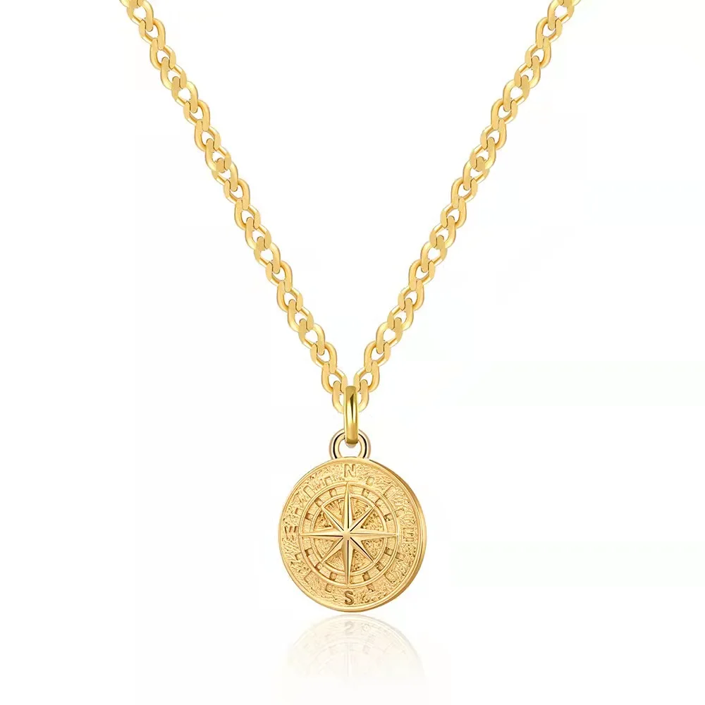 

Nordic Antique Style Stainless Steel 18K Gold Plated Irregular Coin Disc Compass North Star Pendant Necklace, Gold, steel