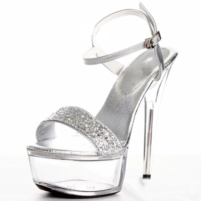Silver Stiletto 15 cm Pole Dance High Heels Banquet Queen Platform Sandals Fashion Large Leaky Toe Buckle Shoes