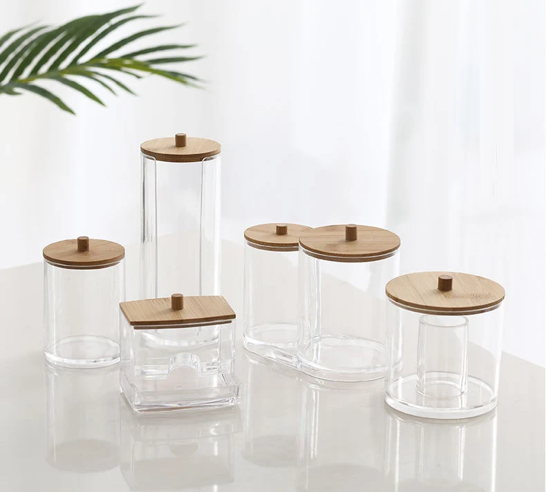 

Acrylic Cotton Swab Storage Box Rectangle Cylindrical Transparent Jars Storage With Wooden Cover