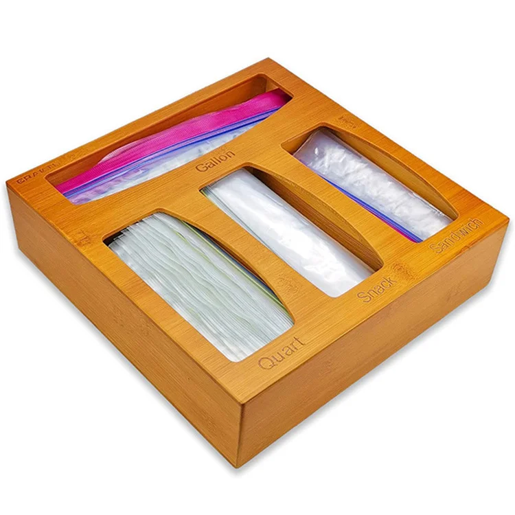 

Bamboo Ziplock Bag Storage Organizer and Dispenser for Kitchen Drawer, Suitable for Sandwich & Snack Variety Size Bag, Natural bamboo color