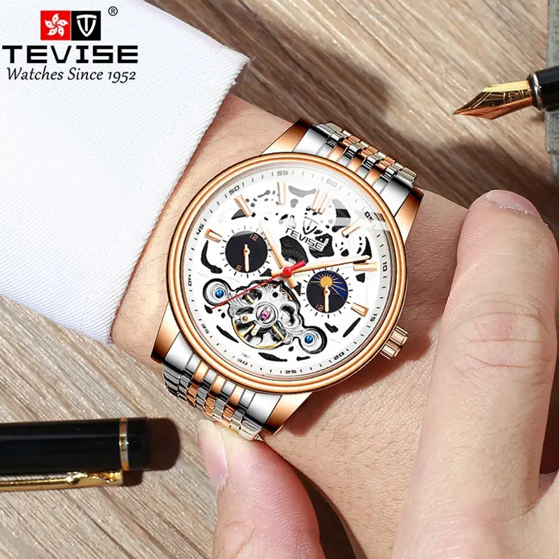 

OEM Luxury Brand Skeleton Tourbillon Automatic Luminous Watch Chronograph Men Steel WristWatches Gents Watches, Optional