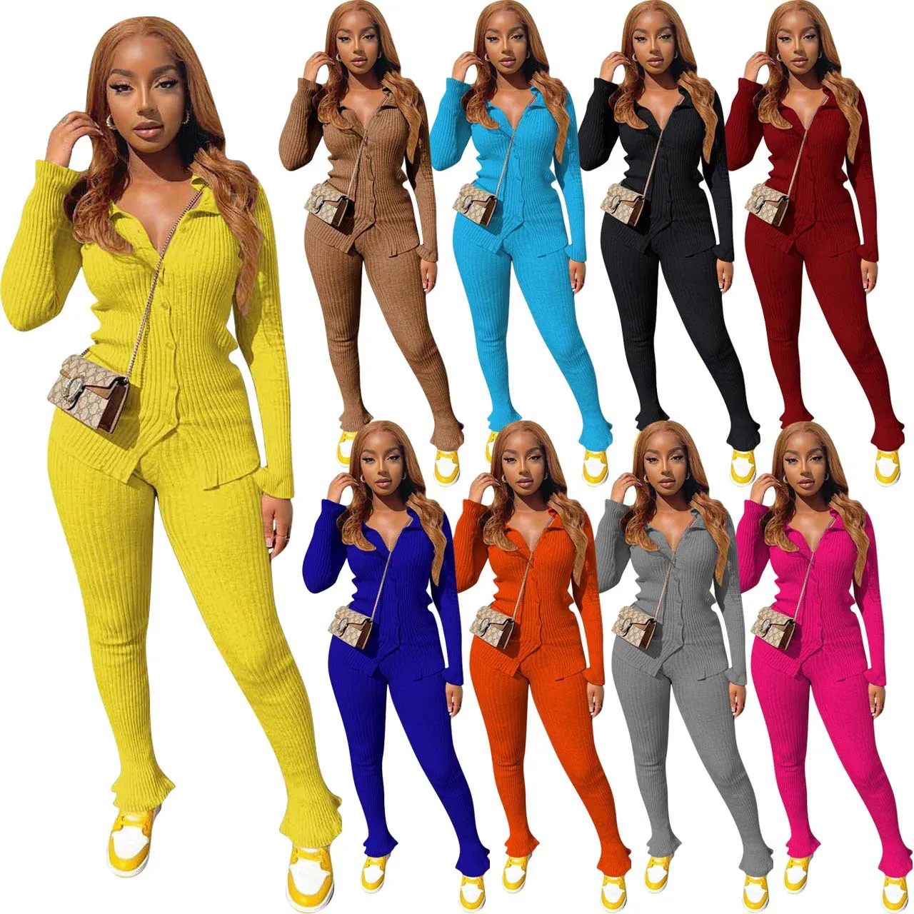 

2022 New Women Ribbed Sets Two Piece Solid Color Long Sleeve Shirts Tops And Flare Pants Cotton Sweater Knit Two Piece Set suit, As picture