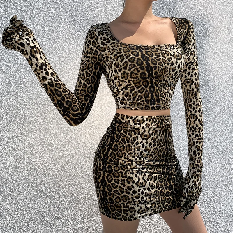 Wholesale sexy fall boutique 2 piece set women leopard print skirt dress with glove