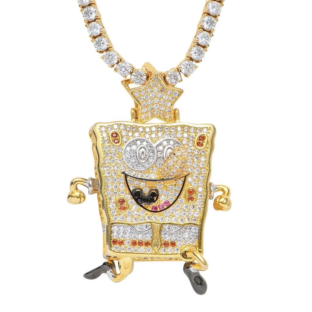 

Personalized Fashion Full CZ Iced Out Hip Hop Gold Cartoon anime spongebob pendant Piece Pendant Necklace and rope chain, Gold silver