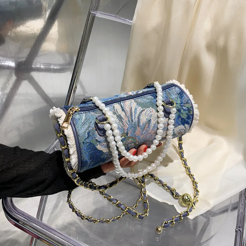 

2021 new trendy bag summer peral chain denim purses cylinder bag women chain shoulder messenger bag