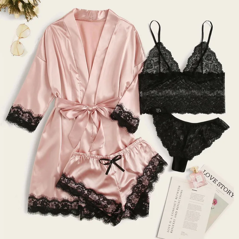 

Sexy Women's Robe & Gown Sets Lace Bathrobe + Night Dress 4 Four Pieces Sleepwear Womens Sleep Set Faux Silk Robe Femme Lingerie