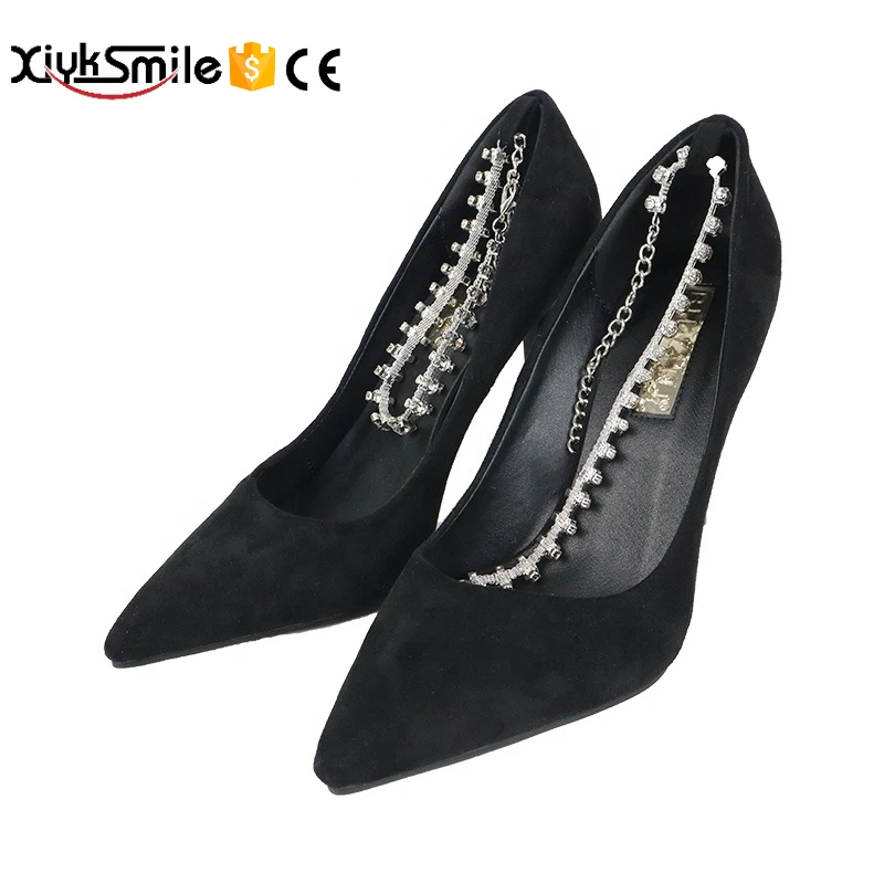 

Spring and autumn stiletto high heels black suede pointed toe all-match high heels rhinestone chain accessories women's shoes