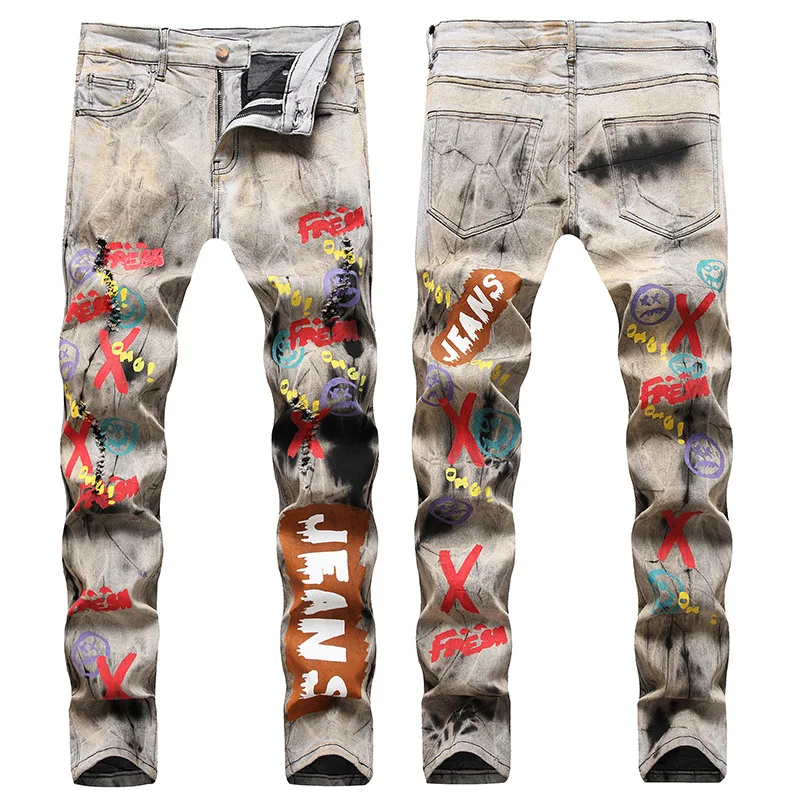 

Ready to ship men washed custom denim jeans digital print stretch jeans