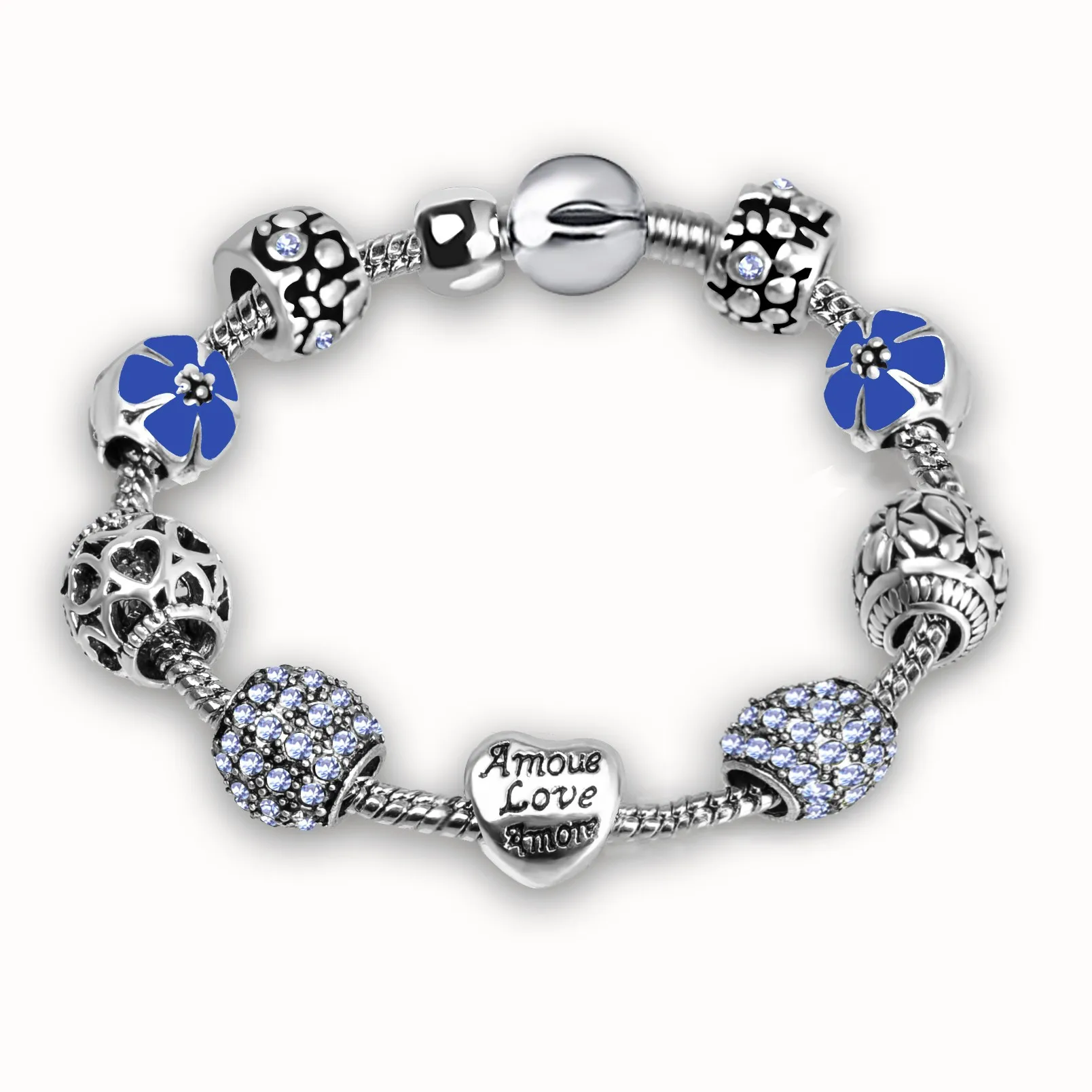 

Fashion European Silver Plated Large Hole Beads DIY Charm Bracelet Crystal Beaded Heart Charm Bracelet