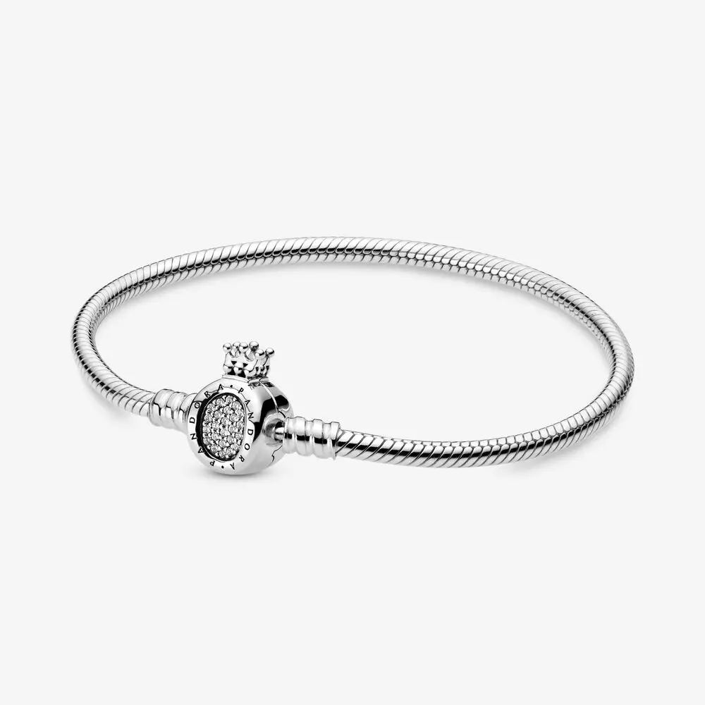 

925 Sterling Silver Crown O Clasp Snake Chain Moments Bracelet Sparkling Pave Zircon Stone Fit Pan Charm DIY Gift For Girls, Silver / rose gold / gold
