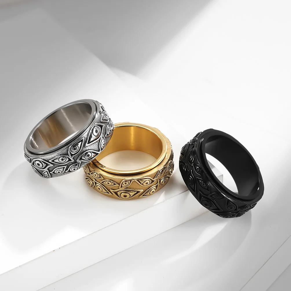 

Amazon Hot Sale Stainless Steel Eyes Rings Rotatable Retro Eyes Titanium Steel Rings Hand Jewelry For Women Men