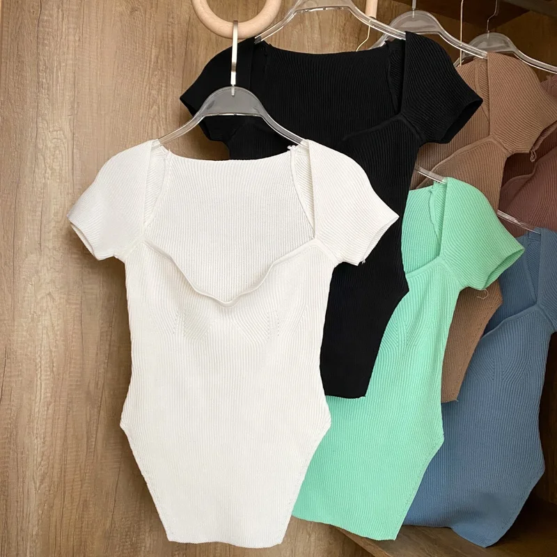 

B15127A Fashion t shirt 2021 Women fitted t shirts Knitted sleeveless T-shirt women tshirt, White/white/khaki/pink/blue/green