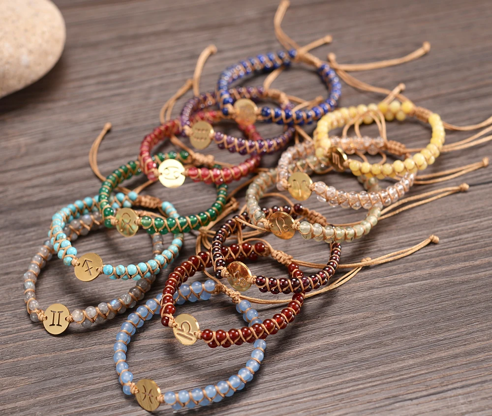 

Handmade 4mm All Natural Stone Double Layers Braided Men Women Stainless Steel Jewelry 12 Zodiac Charm Bracelets