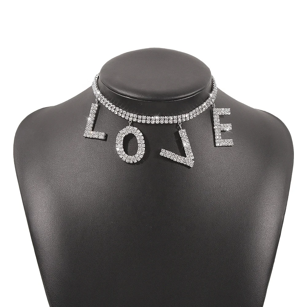 

New exaggerated LOVE full diamond luxury temperament necklace personality hipster fashion necklace