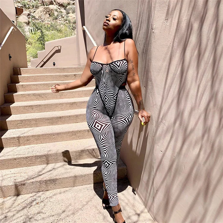 

Net Yarn Printing Spaghetti Strap Bodysuits Pants Rompers Set Sexy Mesh Matching 2 Piece Jumpsuit Set
