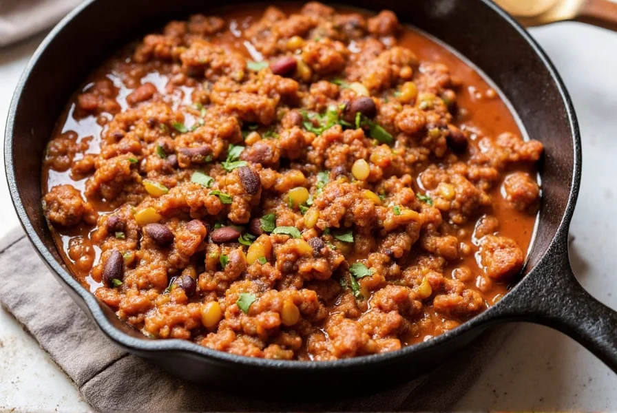High protein chili recipe with lean ground turkey, black beans, and lentils in a cast iron pot
