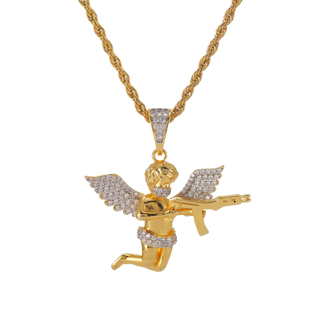 

Women Small Cz Diamond 18K Gold Plated Crystal Revenge Angle with Gun Pendant Necklace Jewelry for Gift