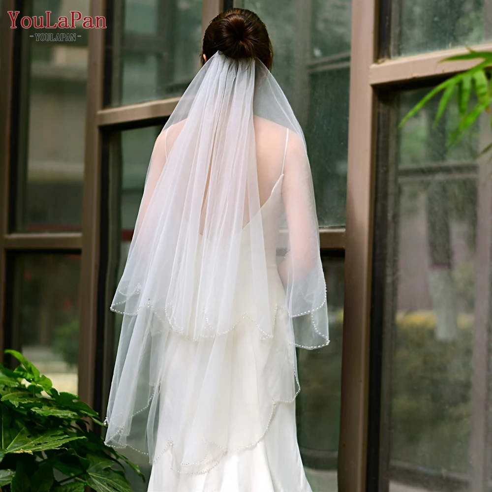 

YouLaPan V102 Hot Selling Crystal Small Bead Edging Double Veil Bridal Church Wedding With Hair Combing Veil, White/ivory