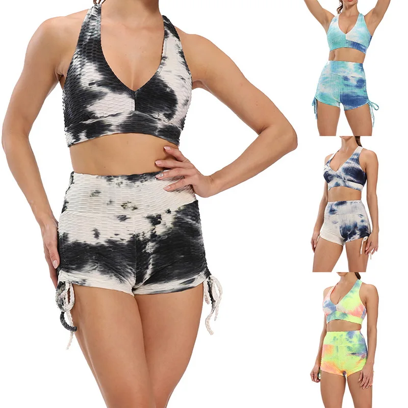 

Tie dye bubble yoga set women clothes wholesale colorful sports bra shorts sets