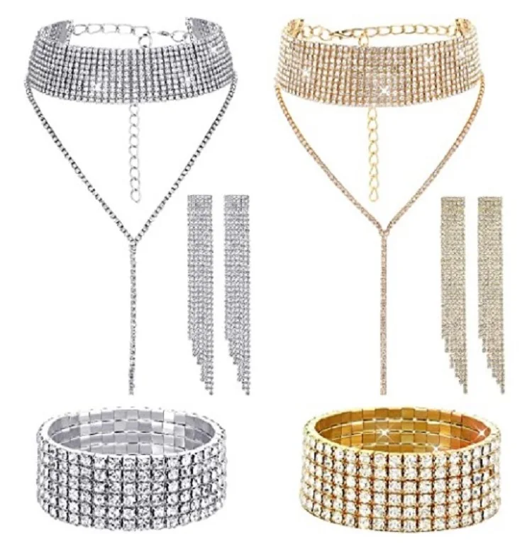 

Multi Layer diamond choker necklace bracelet earrings set jewelry, Picture shows