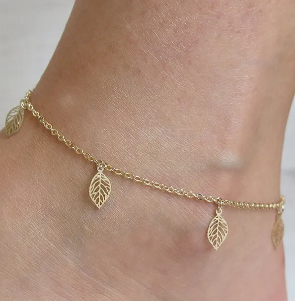 

Fashion Summer Tassel Anklets for Women Leaf Shape Gold Color Link Chain Anklets Bracelets Female Beach Foot Jewelry (KAN413), As picture