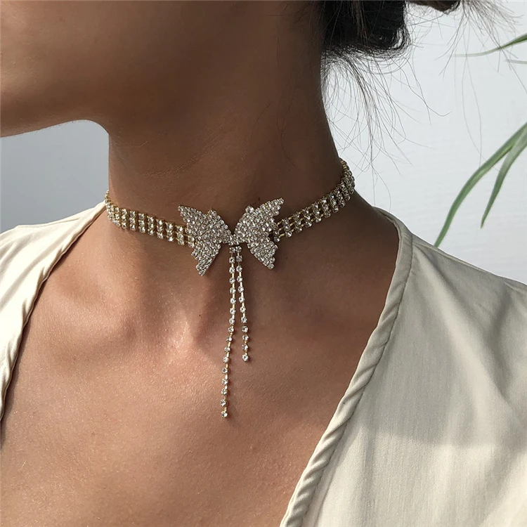 

Aimgal New hot sale full diamond bow short necklace trend diamonds choker butterfly necklace women's
