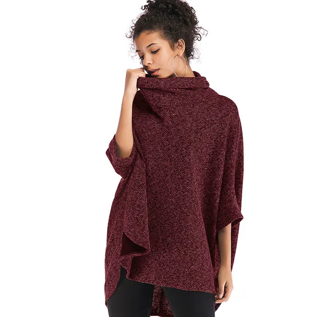 

Wholesale Loose Ladies Blouse Turtleneck Batwing Sleeve Knitwear Women Brown Knitted Sweater