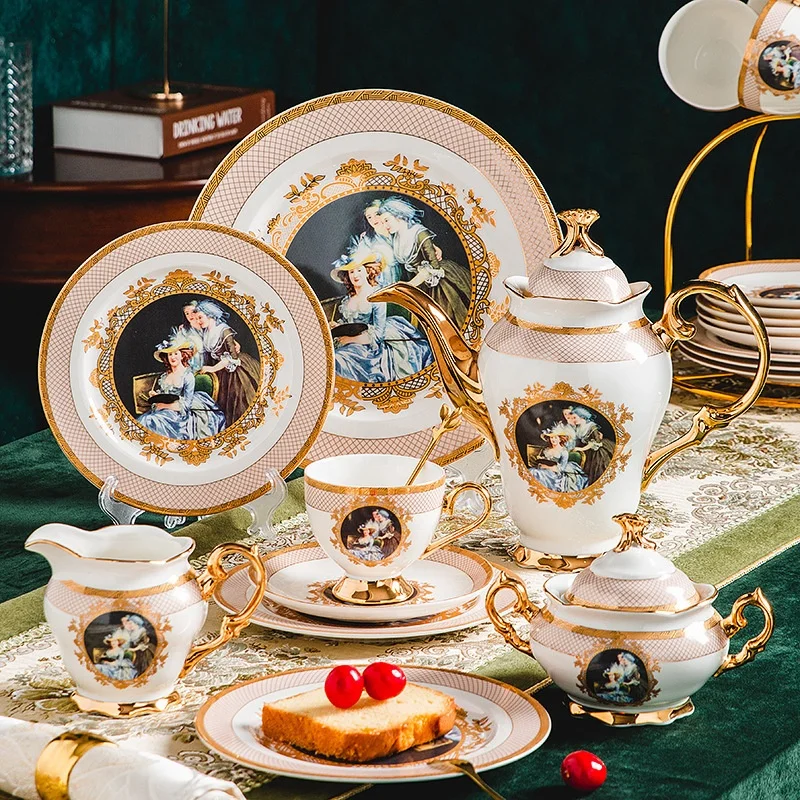 

Light luxury European-style lady oil painter 15-piece porcelain coffee set