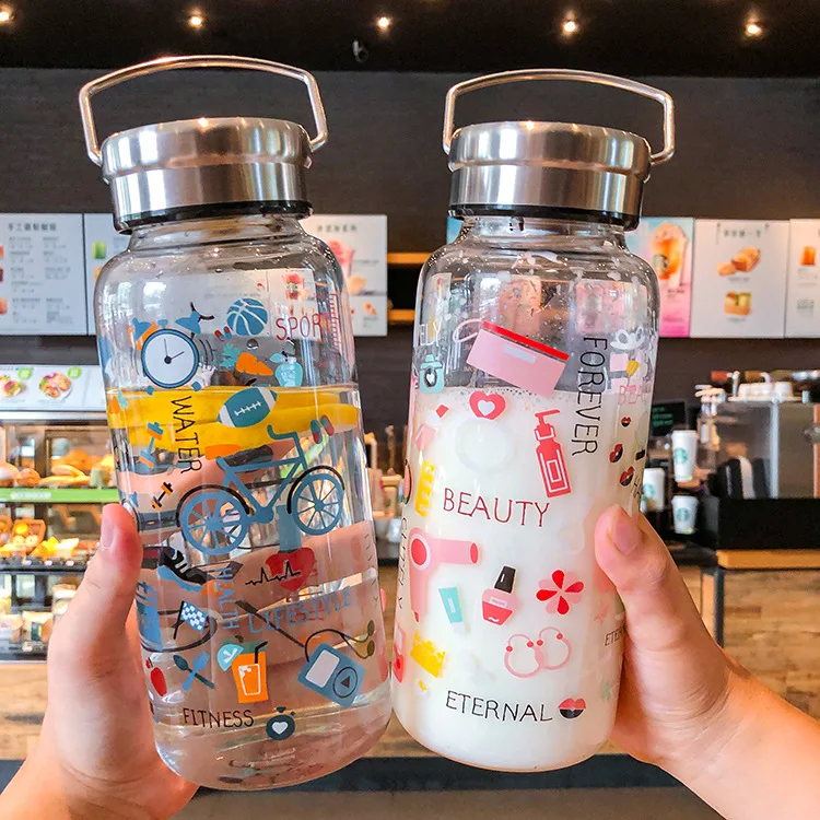 

1000ml Graffiti Heat-resistant Glass Student Cute Cartoon Large Capacity Portable Water Bottle With Tea Strainer