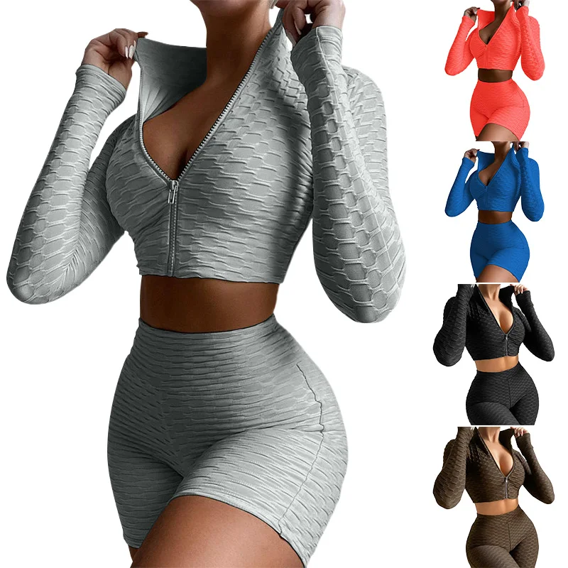 

Stock women long sleeve crop top control tummy training jogging wear 2 piece summer tracksuit