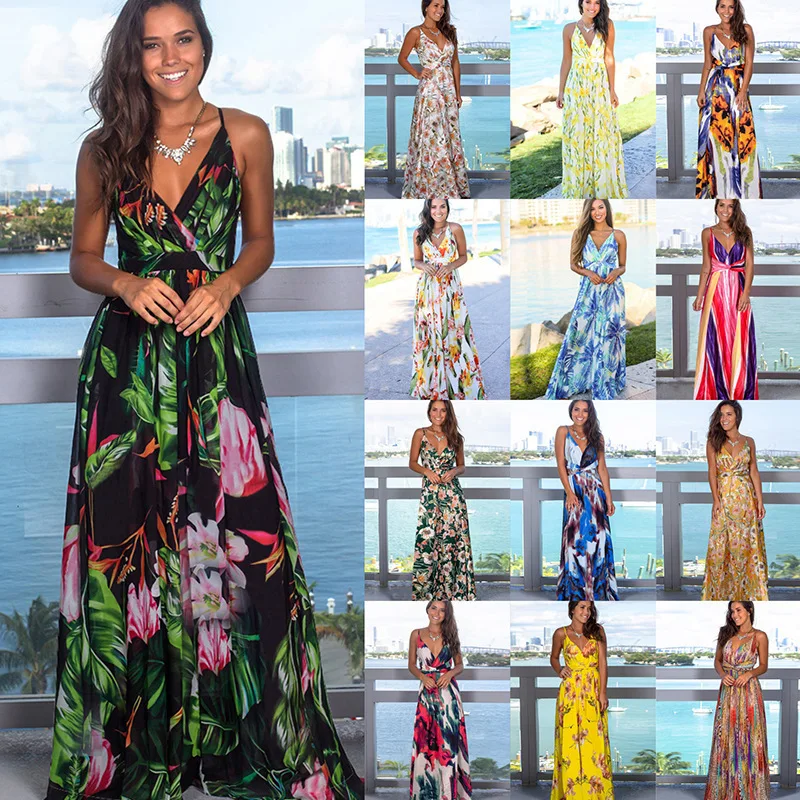 

Hot Women's Summer Boho Floral Long Maxi Evening Party Beach Dress Floral Sleeveless V Neck Sundress, Shown