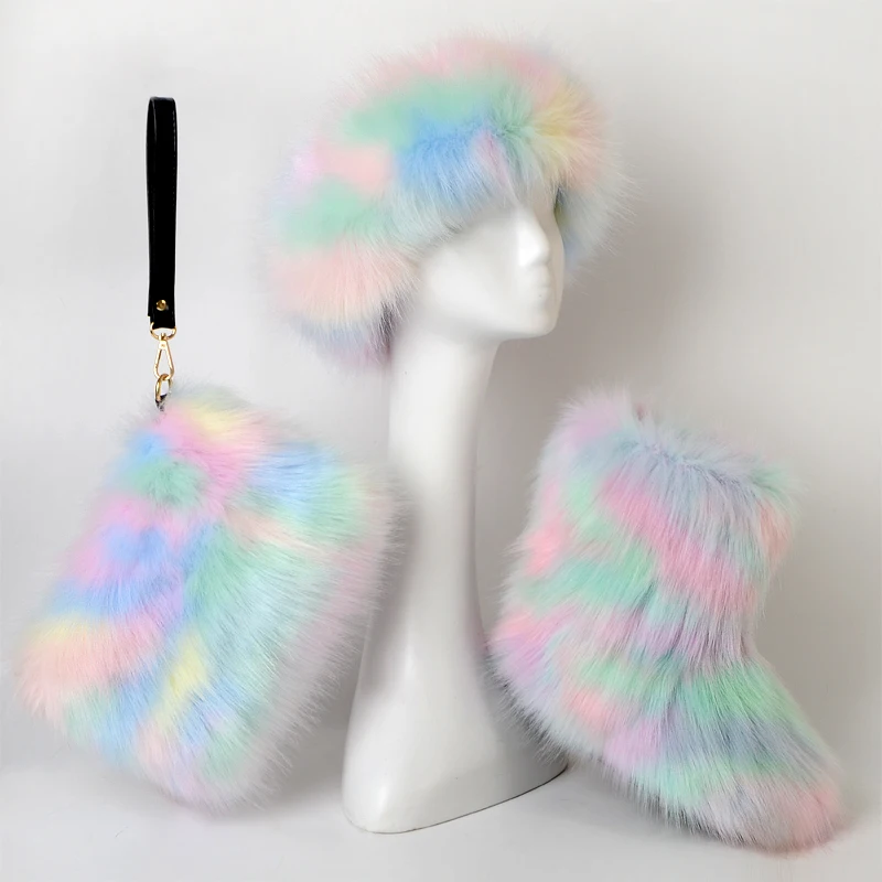 

women fur winter boots sets with headband and bag, 24 colors support