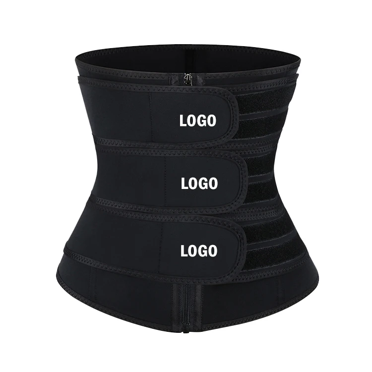 

2020 Custom Logo Three Strap Compression Adjustable Sauna Sweat Slimming Tummy Control Gym Neoprene Waist Trainer, Black