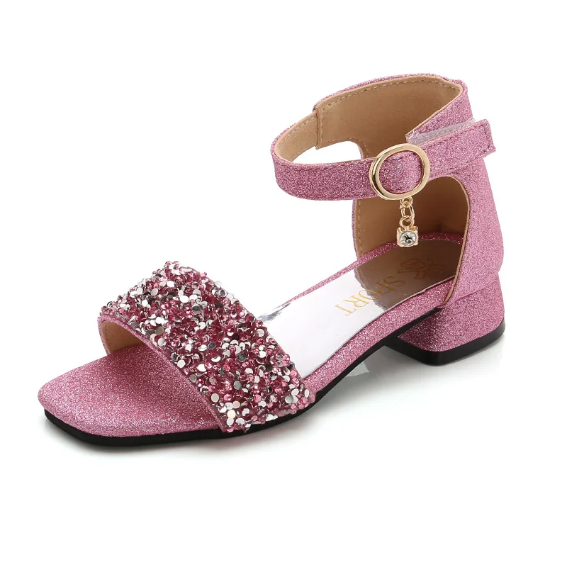 

Fashion Children Sandals Big Girls High Heel Open Toe Shoes Girls Soft Casual Shoes Kids Sweet Princess Sandals, Silver pink black