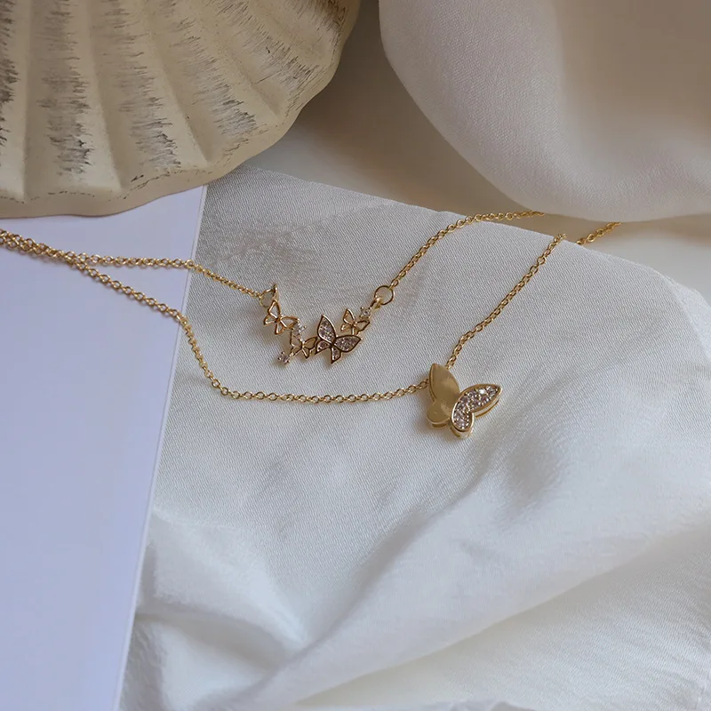 

Newest French Real Gold Plated Double Layer Butterfly Clavicle Choker Necklace Bling Cubic Zircon Butterfly Pendant Necklace