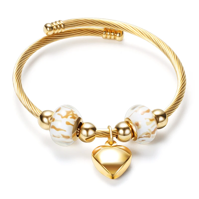 

Female Gold Color Heart Pendant Charm Bracelet Bangle Stainless Steel Twisted Cable Wire Bangles Jewelry (SK751), As picture