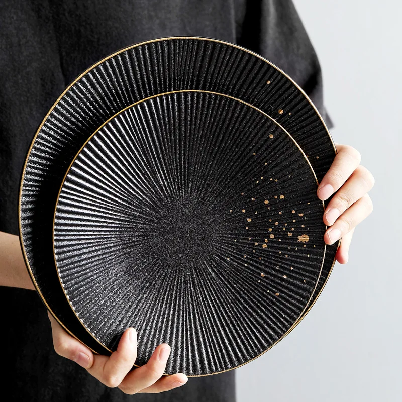 

Matte Claytan black Porcelain Tableware Gold Rim Dinner Crockery Dinnerware wholesale ceramic plate for hotel restaurant, Optional