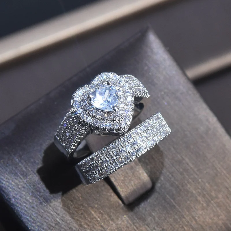 

Ladies Wedding Set Double Ring Heart Shape Diamond Luxury Ring Engagement Gift