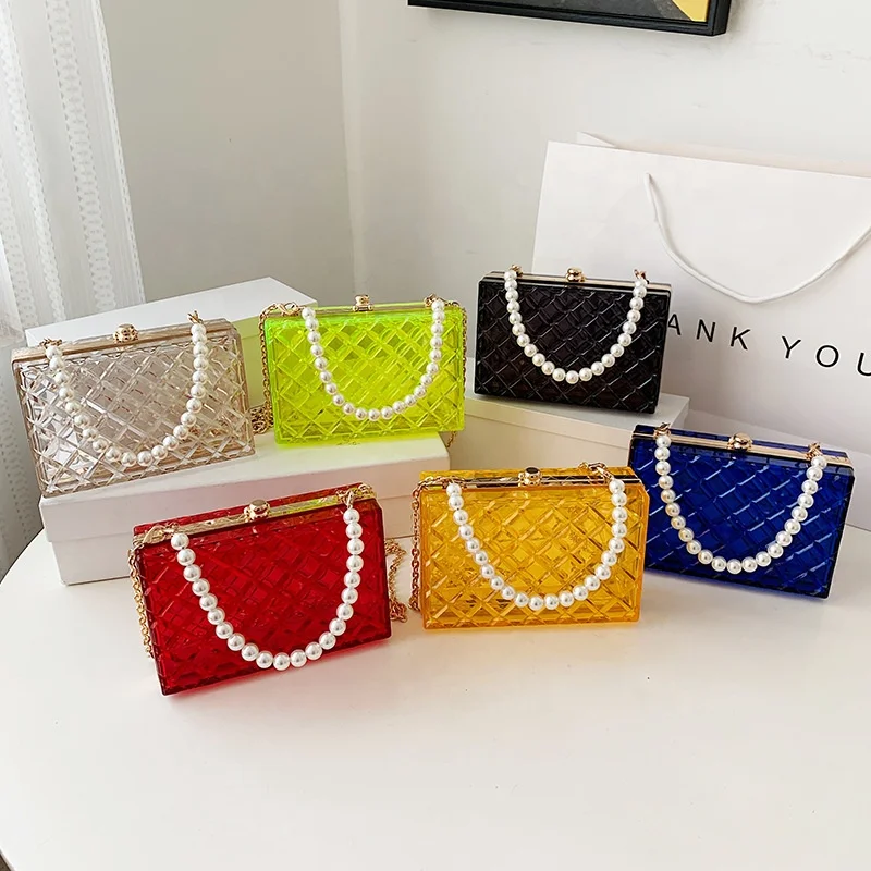 

Internet celebrity transparent small bag for women 2021 new fashion acrylic Pearl handbag shoulder crossbody small square bag