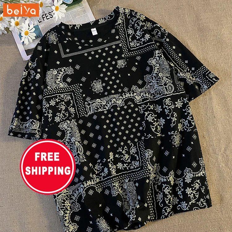 

Summer 100% Cotton Camisetas de los hombres men's casual cashew flower full print T-shirt men's short-sleeved T-shirt