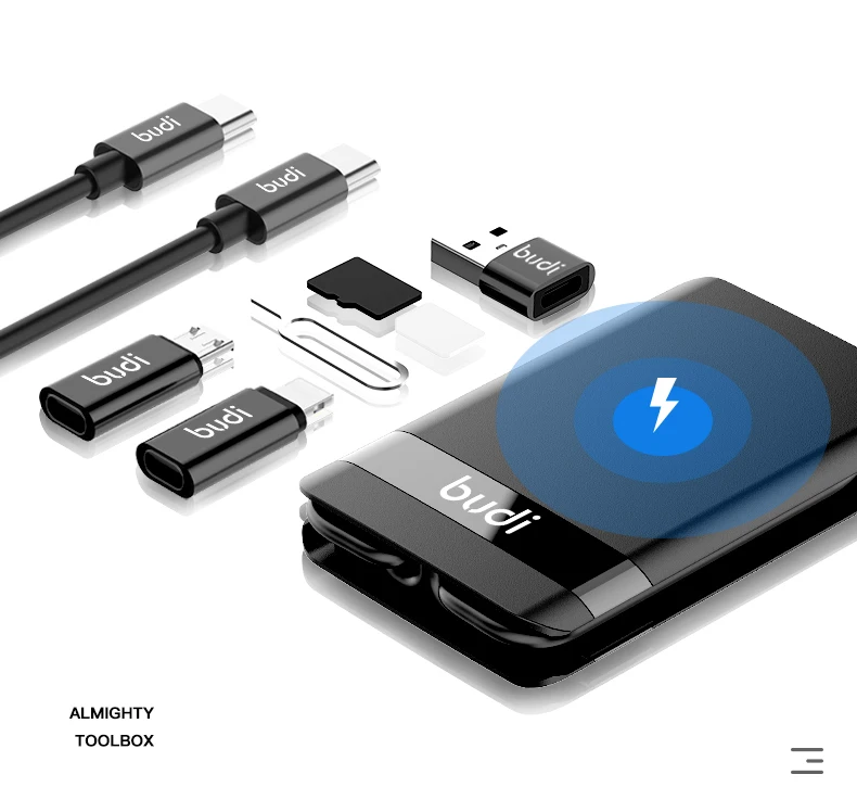 
hot selling budi 5w wireless charger usb cables SIM kit memory reader phone holder LED light in a multi functions charging set 