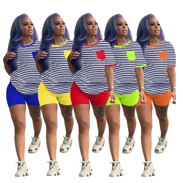 

Lowest Price Fashional Simple Style Striped Pockets 2 Women Summer Trendy Sportswear Two Piece Short Set